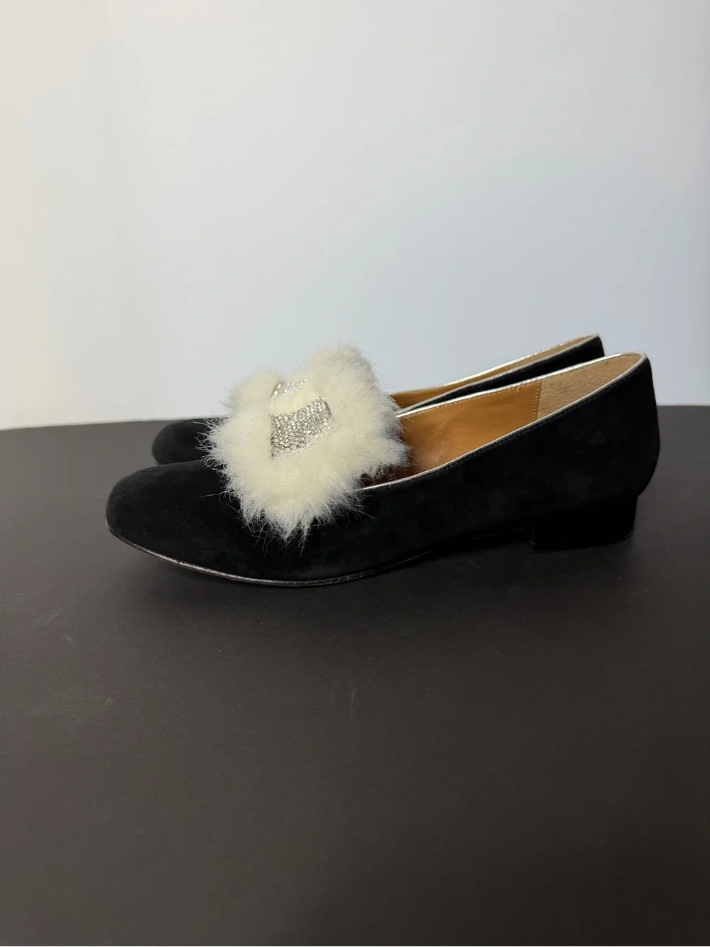 bettye muller Black Suede Flats with White Fur Pom and Crystal Accent
